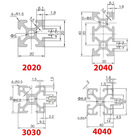 Heavy Duty 2pcs T-Slot Aluminum Profile Extrusion Frame Kit For 2020 3030 4040 Systems, detailed dimensions of profiles 2020, 3030, 4040.