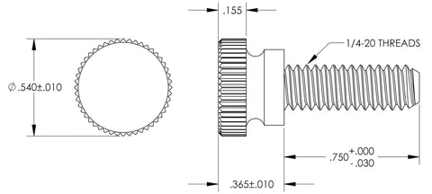 Diagram of Black 1/4-20 Thumb Screws, 3/4 Inch Long Nylon Fasteners with dimensions and thread specifications.