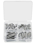 Open box displaying Wall Plate Screws Kit 100 Pcs White Outlet And Switch Plate Screws With 6 32 Thread Assorted Lengths.