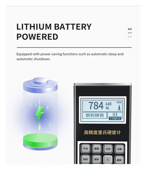 Heavy Duty Portable Digital Leeb Hardness Tester With Dead On Accuracy For Testing Stainless Steel Copper Aluminum And Forged Metals Without The Hassle, showing lithium battery power indicator and control panel.