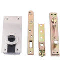 Heavy Duty Pivot Hinges For Doors set including sleek locking mechanism and various metal brackets for reliable mounting.