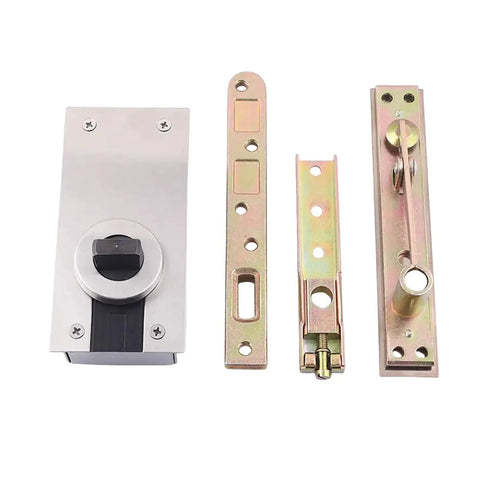 Heavy Duty Pivot Hinges For Doors set including sleek locking mechanism and various metal brackets for reliable mounting.