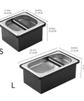 Built Like A Tank Stainless Steel Knock Box With Removable Interior Grounds Bin For Espresso Setups and Home Baristas with dimensions.