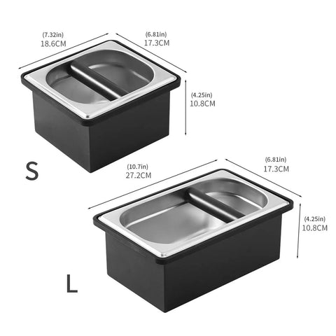 Built Like A Tank Stainless Steel Knock Box With Removable Interior Grounds Bin For Espresso Setups and Home Baristas with dimensions.