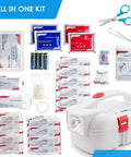 First Aid Flashlight Emergency Prep Kit With 42 Piece Medical Supplies displayed with scissors and tweezers in portable white case