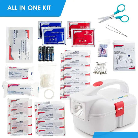 First Aid Flashlight Emergency Prep Kit With 42 Piece Medical Supplies displayed with scissors and tweezers in portable white case