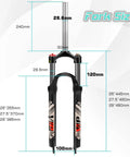 Dope MTB Front Suspension Fork With 100mm Travel For 26, 27.5, And 29 Inch Wheels showing dimensions and steerer size.