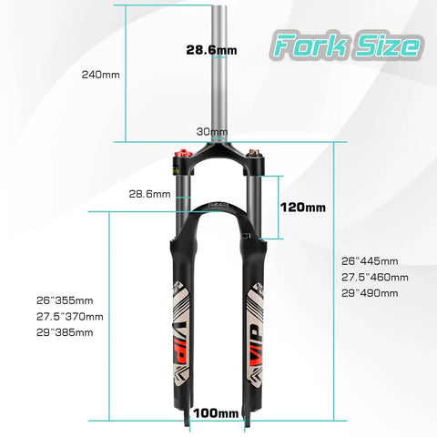 Dope MTB Front Suspension Fork With 100mm Travel For 26, 27.5, And 29 Inch Wheels showing dimensions and steerer size.