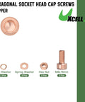 Premium Durable Red Copper M8x16 Metric Hex Socket Cup Cap Screws 8 Pack For Engines And Heavy Gear showing cap screws and washers.