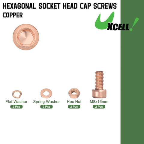Premium Durable Red Copper M8x16 Metric Hex Socket Cup Cap Screws 8 Pack For Engines And Heavy Gear showing cap screws and washers.