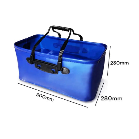 Blue storage container with dimensions 500mm x 280mm x 230mm, featuring a handle for easy transport.