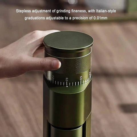 Stepless dial for precise adjustment on the full sized electric bean grinder for espresso and pour over coffee.