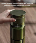 Premium Electric Coffee Grinder Featuring Game Changing Stepless Conical Burr Mill For Espresso And Pour Over Brewing Crafted With Reliable Stainless Steel Burrs And A Secure Magnetic Lid For Smooth Daily Grind Sessions showing stepless grinding fineness adjustment.
