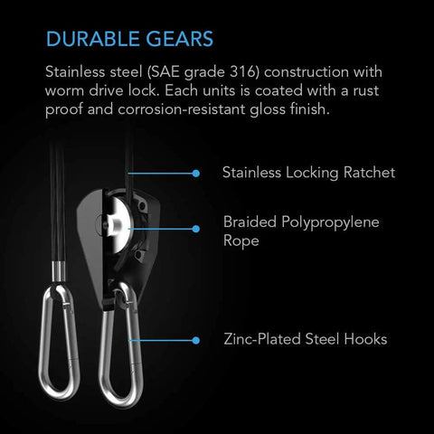Adjustable One Eighth Inch Rope Hanger Kit With Heavy Duty Stainless Steel Ratchets And Carabiner Hooks Holds Up To 150 Lbs, 2 Pairs, Great For Hanging Lights, Fans, And Filters In Grow Setups