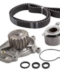Thinking Process: timing belt and water pump replacement set, black rubber belt, metal pulleys, gaskets, and seals