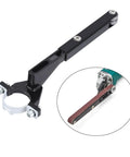 Heavy Duty Angle Grinder Belt Sander Attachment With Snazzy Aluminum Brackets, close-up view of adjustable arm and sanding belt.
