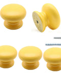 Premium Wooden Cabinet Knobs Set Of Five Modern Round Drawer Pulls For Kitchen Cupboards And Dressers, Yellow mushroom handles with screws.
