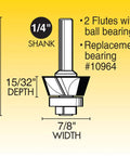 Diagram of 22 Degree Bevel Laminate Trim Router Bit With Shielded Ball Bearing, Carbide Cutter, 1/4 Inch Shank, Double Fluted.