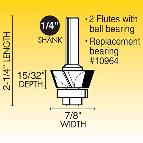 Diagram of 22 Degree Bevel Laminate Trim Router Bit With Shielded Ball Bearing, Carbide Cutter, 1/4 Inch Shank, Double Fluted.
