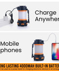 Rechargeable LED Camping Lantern With 360 Degree Illumination charging phone and plugged into power, acts as power bank.