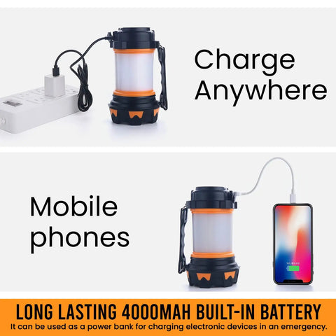 Rechargeable LED Camping Lantern With 360 Degree Illumination charging phone and plugged into power, acts as power bank.