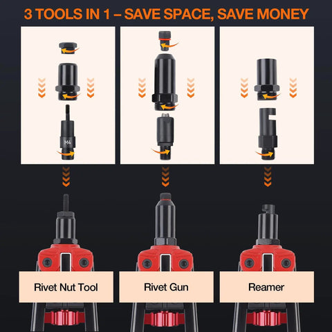 Three In One Rivet Nut Tool Kit With Hand Rivet Gun And Reamer Includes 6 Metric And 4 SAE Mandrels 5 Rivet Heads 111 Rivet Nuts And 83 Rivets Carrying Case display of tools and components