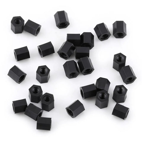 Premium Black M3 Female To Female Hex Threaded Standoff Spacers 100 Pcs PA66 Nylon on white background.