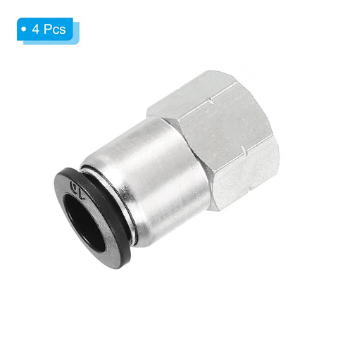 Push To Connect Air Fittings 4 Pack 10mm OD Tube to 1/4 Inch NPT Female Quick Connect Brass Nickel Plated in close-up view