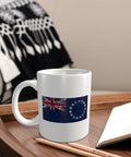 Cook Islands Flag With Polygonal Effects 11 Oz Coffee Mug Double Sided Print With Handle Premium Ceramic Cup on a wooden table