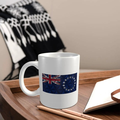 Cook Islands Flag With Polygonal Effects 11 Oz Coffee Mug Double Sided Print With Handle Premium Ceramic Cup on a wooden table