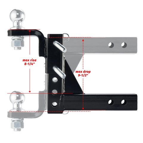 Adjustable Trailer Hitch Ball Mount For 2-Inch Receiver, 7500 Lbs Capacity, 9.5 Inch Drop And 8.25 Inch Rise layout diagram