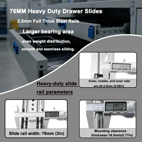 Heavy Duty 500 Lb Side Mount Drawer Slides For Industrial Cabinets With Locking Mechanism, 76mm Wide, Pair Included, on gray steel drawer slides