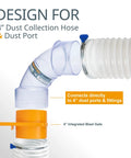 4 Inch Dust Collection Elbow 90 Degree with Dual Diameter ID and OD for hoses and ducting clear plastic fits 4 Inch ID or 4 Inch OD ports 1 pack easy to install for home shops and woodworking dust collection systems, showing clear elbow connecting hoses and port.