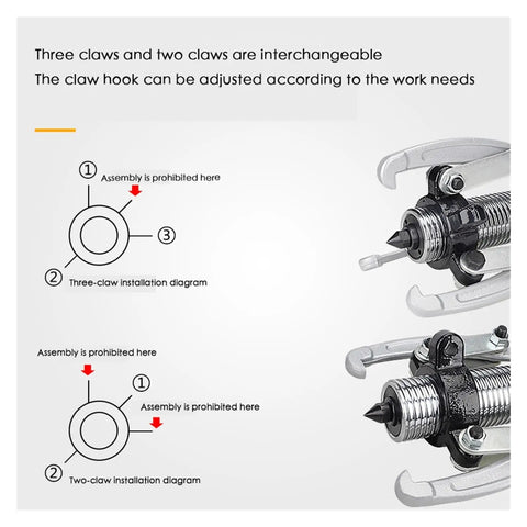 Installation diagrams of the Heavy Duty Split Hydraulic Puller Set Featuring Two And Three Claw Jaws for machinery repairs.