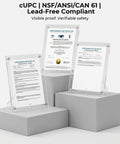 Kitchen Faucet with Glass Rinser, Pull Down Sprayer, 3 Water Modes certification documents on display for safety compliance.