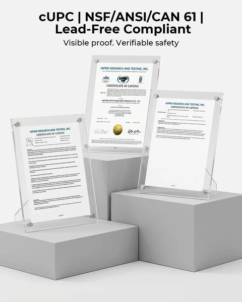 Kitchen Faucet with Glass Rinser, Pull Down Sprayer, 3 Water Modes certification documents on display for safety compliance.