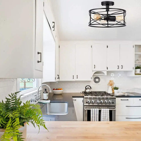 Dope 3 Light Semi Flush Mount Ceiling Light Industrial Black Metal Farmhouse Style Fixture in a modern kitchen setting