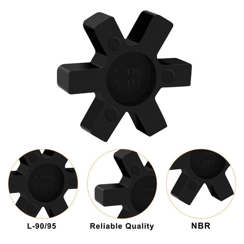 Black spider center insert for L jaw coupling; solid NBR rubber, L-090/L-095.
Side view of black spider center insert; star-shaped arms for L jaw coupling, NBR rubber.
Close-up of L-090 and L-095 markings on black NBR spider center insert.
Angled rear view of black spider center insert for L jaw coupling.