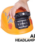 ALG-03 Headlamp Helmet Mount With EdisonBright Battery Case, shown attached to an orange helmet with hand adjusting mount.