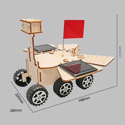 Solar Powered Mars Rover Kit Made Of Wood for DIY engineers, showing dimensions and solar panels on wheels.