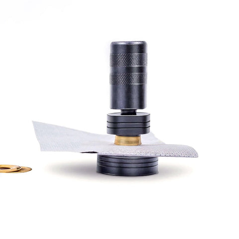 Solid Brass Grommet Kit With Three Eighths And One Half Inch Grommets Eyelets Setting Tool and fabric in use, shown in NH1003K set.
