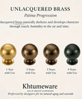 Two Pack One And A Quarter Inch Unlacquered Brass Cabinet Knobs showing patina progression over four years
