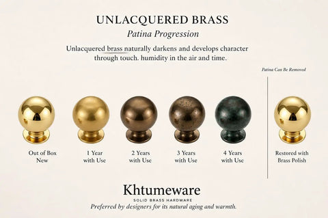 Two Pack One And A Quarter Inch Unlacquered Brass Cabinet Knobs showing patina progression over four years