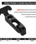 Side view of black rubber T-handle hasp draw latch; 110 mm long, 15 mm wide for boxes, coolers, vehicle hoods.