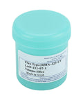 RMA-223-UV Solder Flux Paste For CSP BGA PCBs in 100g container, labeled with flux type details.