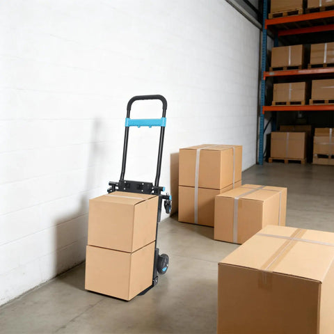 Two In One Folding Hand Truck Dolly Workhorse With Four Quiet TPR Wheels And 3 Level Adjustable Handle For Luggage Travel Office Moving Camping Outdoor Use Black Blue carrying boxes in warehouse