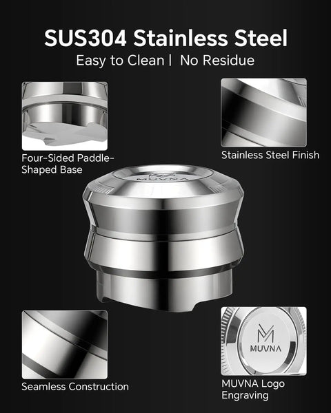 Premium Espresso Gravity Distributor Tool Full Metal Build With Smart Four Blade Base For Dead Flat Coffee Distribution Automatic Depth Control Smooth As Butter Operation close-up of SUS304 stainless steel base with MUVNA logo and seamless finish.