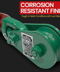 Two Pack Snatch Block With Hook, 2 Ton Working Load, corrosion-resistant finish on green heavy duty pulley system
