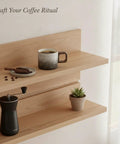 Premium Durable Ceramic Espresso Cup With Wooden Handle 1.7 Oz Demitasse filled with coffee on wooden shelf