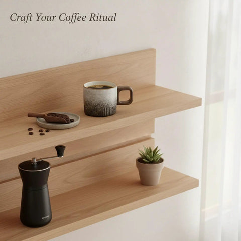 Premium Durable Ceramic Espresso Cup With Wooden Handle 1.7 Oz Demitasse filled with coffee on wooden shelf